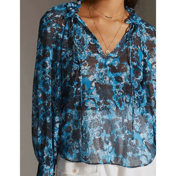 Anthropologie Blue Sheer Printed Peasant Blouse  Size XS - Picture 2 of 9